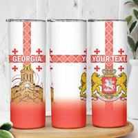 Personalised Georgia Independence Day Skinny Tumbler Sameba Cathedral Borjgali Folk Pattern
