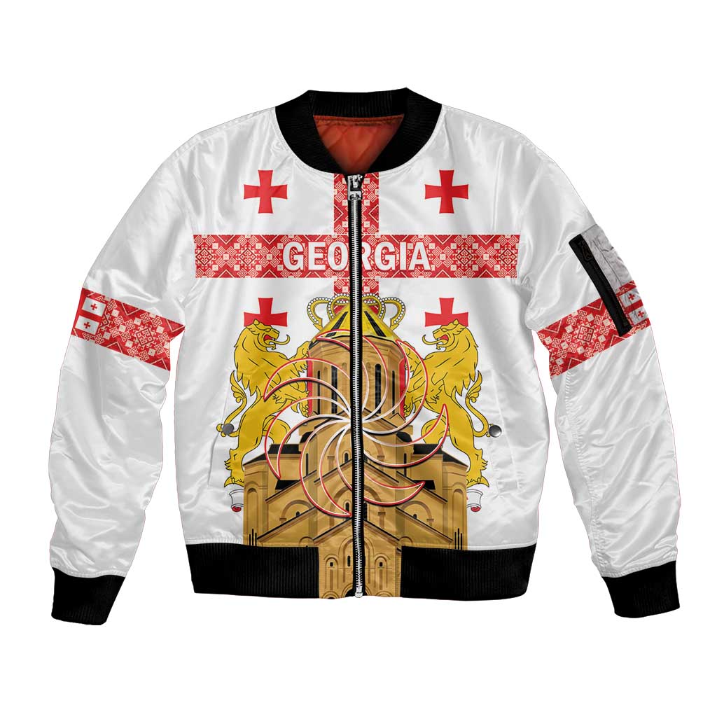 Personalised Georgia Independence Day Sleeve Zip Bomber Jacket Sameba Cathedral Borjgali Folk Pattern