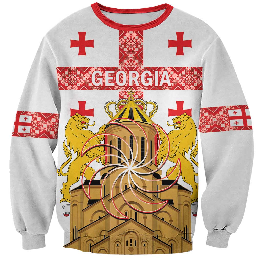 Personalised Georgia Independence Day Sweatshirt Sameba Cathedral Borjgali Folk Pattern