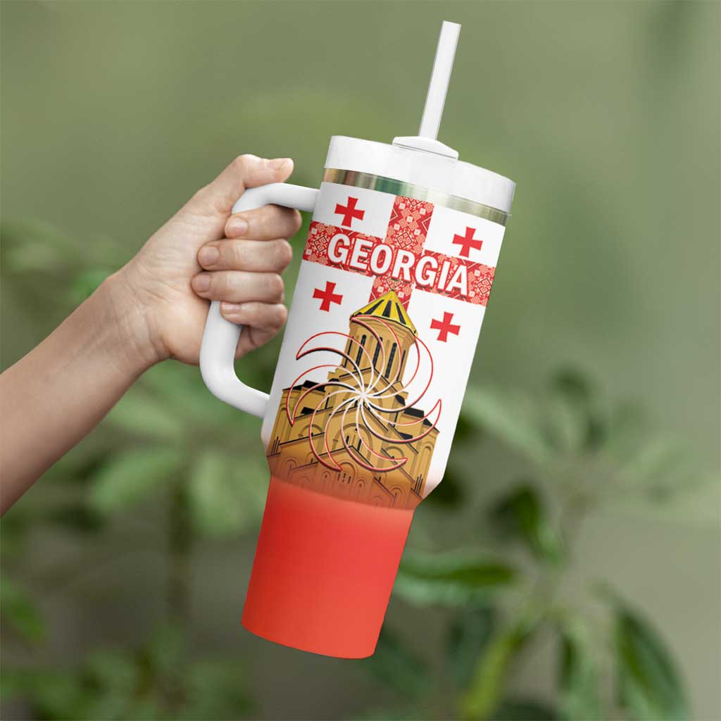 Personalised Georgia Independence Day Tumbler With Handle Sameba Cathedral Borjgali Folk Pattern