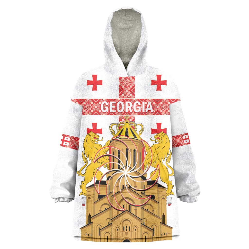 Personalised Georgia Independence Day Wearable Blanket Hoodie Sameba Cathedral Borjgali Folk Pattern