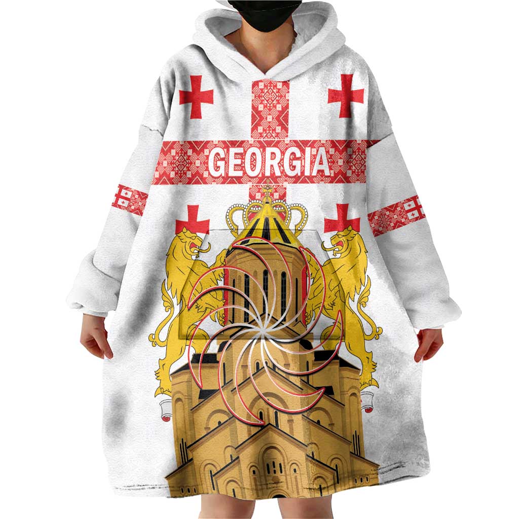 Personalised Georgia Independence Day Wearable Blanket Hoodie Sameba Cathedral Borjgali Folk Pattern