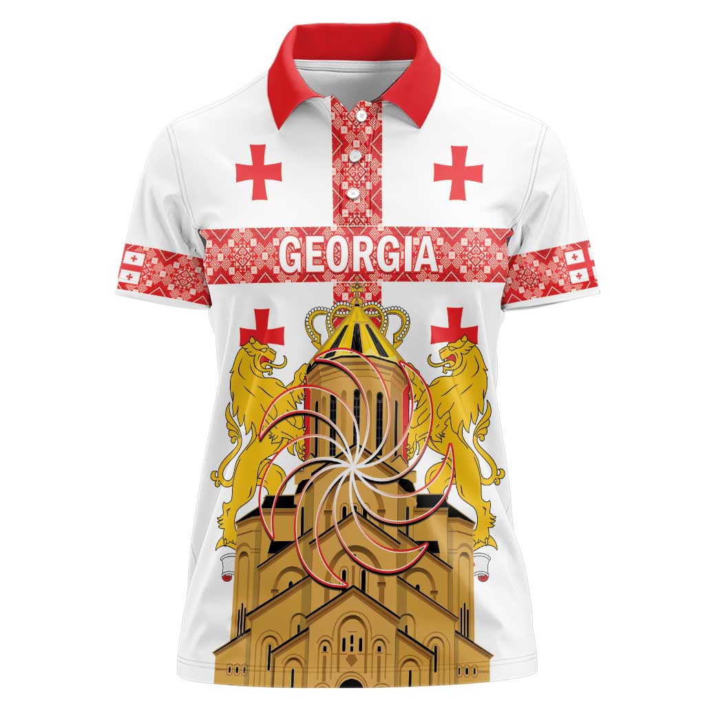 Personalised Georgia Independence Day Women Polo Shirt Sameba Cathedral Borjgali Folk Pattern