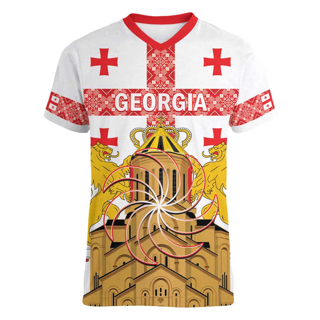 Personalised Georgia Independence Day Women V-Neck T-Shirt Sameba Cathedral Borjgali Folk Pattern