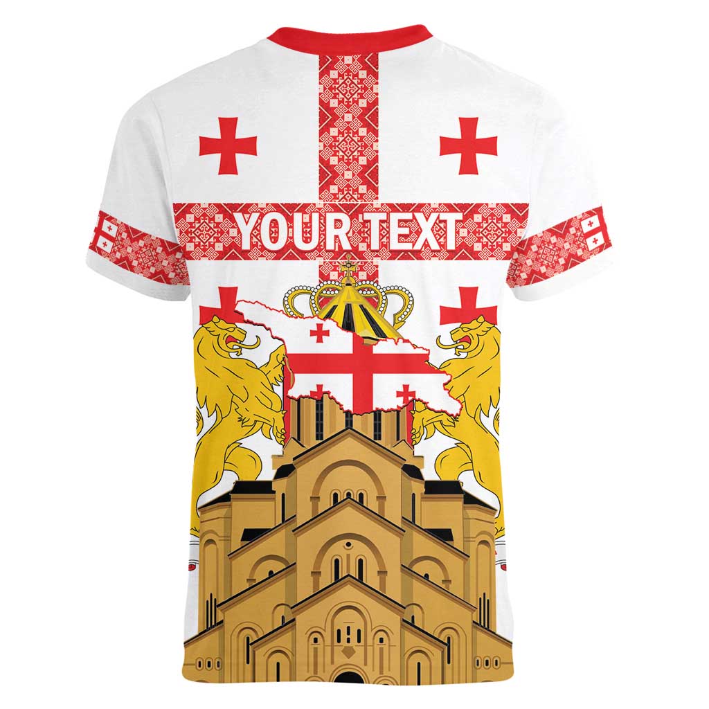 Personalised Georgia Independence Day Women V-Neck T-Shirt Sameba Cathedral Borjgali Folk Pattern