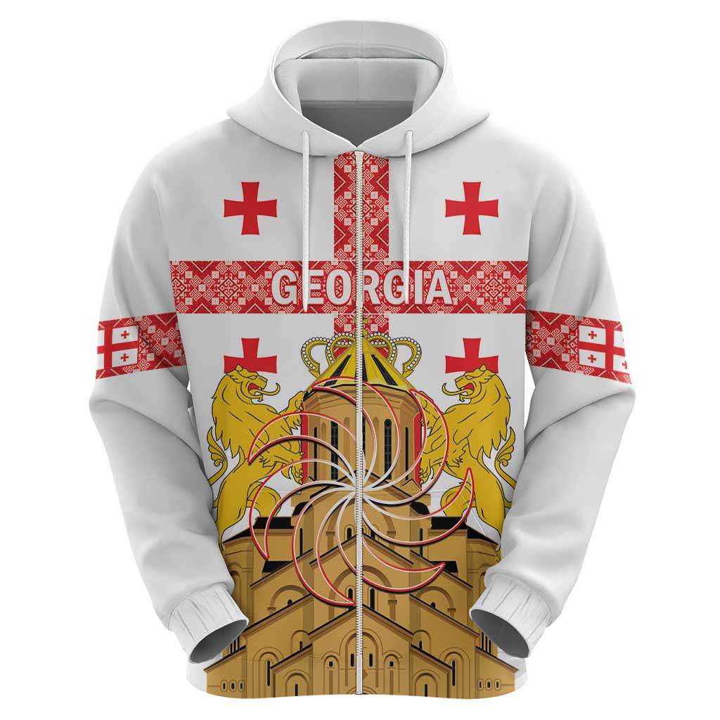 Personalised Georgia Independence Day Zip Hoodie Sameba Cathedral Borjgali Folk Pattern