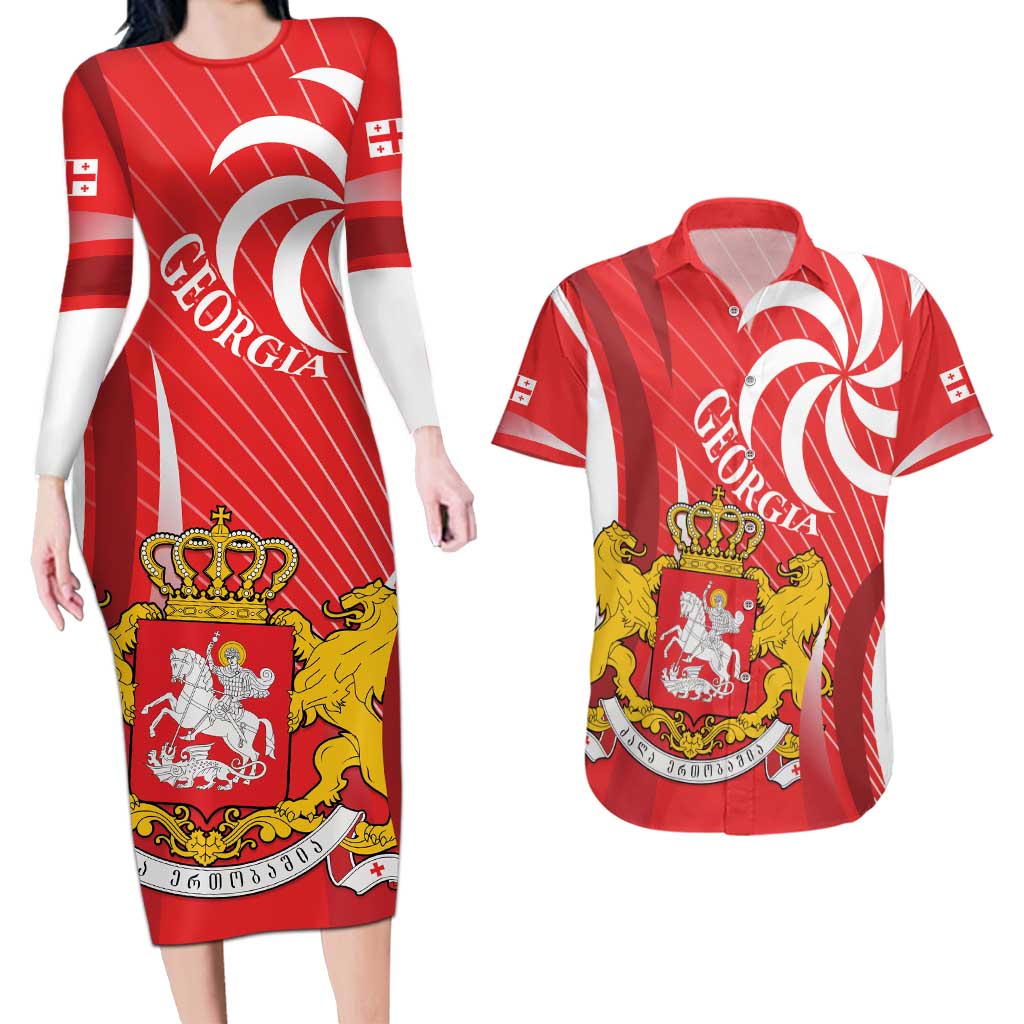 Georgia Independence Day Couples Matching Long Sleeve Bodycon Dress and Hawaiian Shirt Borjgalo With Coat Of Arms