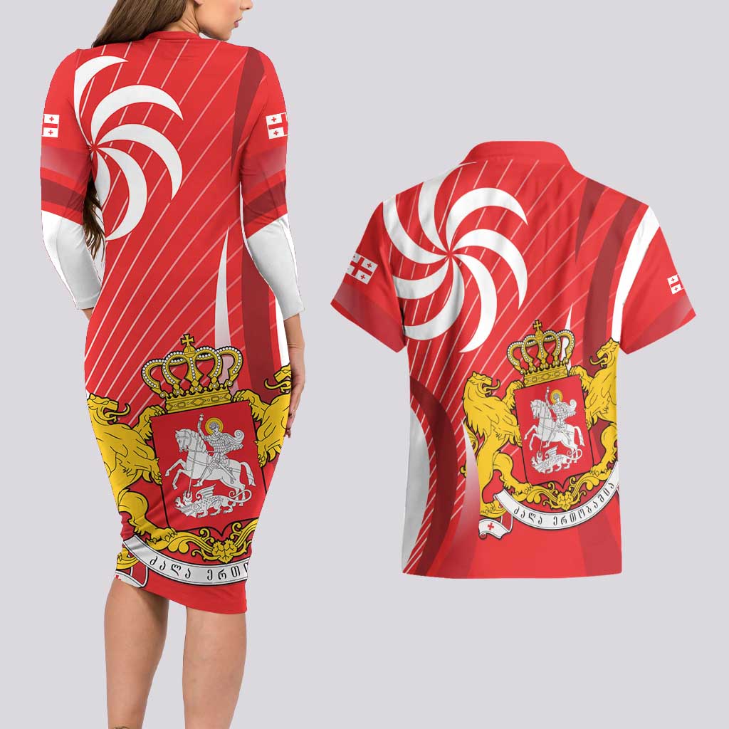 Georgia Independence Day Couples Matching Long Sleeve Bodycon Dress and Hawaiian Shirt Borjgalo With Coat Of Arms