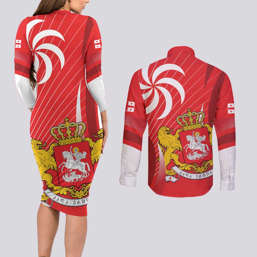 Georgia Independence Day Couples Matching Long Sleeve Bodycon Dress and Long Sleeve Button Shirt Borjgalo With Coat Of Arms