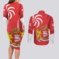 Georgia Independence Day Couples Matching Long Sleeve Bodycon Dress and Long Sleeve Button Shirt Borjgalo With Coat Of Arms