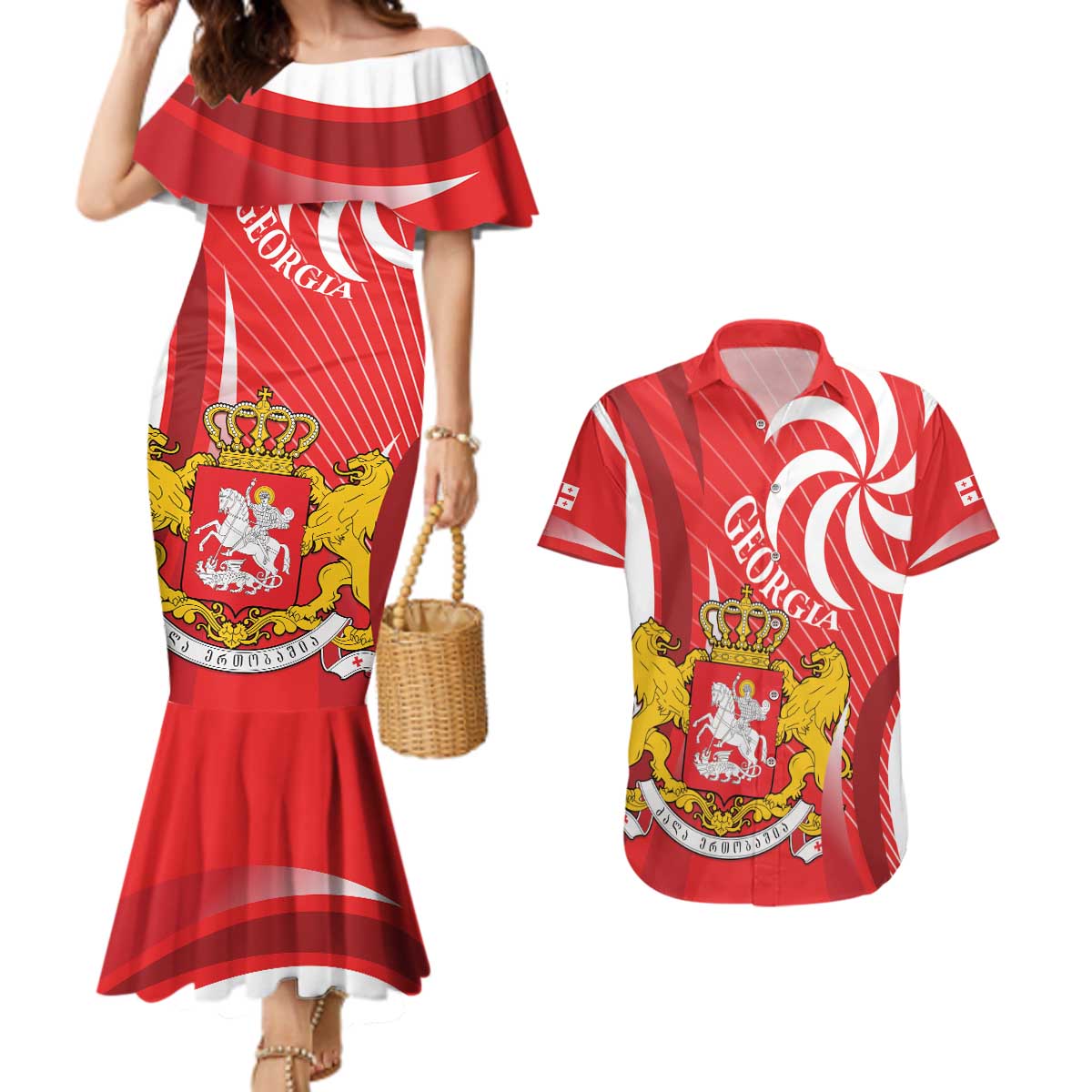 Georgia Independence Day Couples Matching Mermaid Dress and Hawaiian Shirt Borjgalo With Coat Of Arms