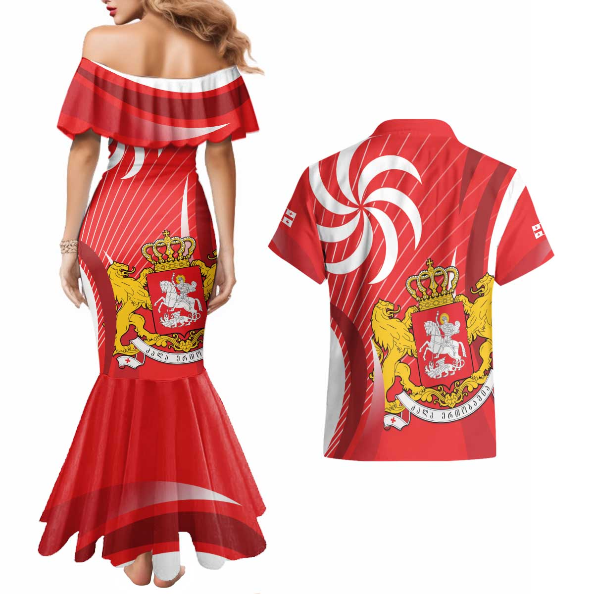 Georgia Independence Day Couples Matching Mermaid Dress and Hawaiian Shirt Borjgalo With Coat Of Arms