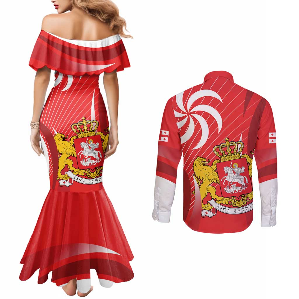 Georgia Independence Day Couples Matching Mermaid Dress and Long Sleeve Button Shirt Borjgalo With Coat Of Arms