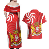 Georgia Independence Day Couples Matching Off Shoulder Maxi Dress and Hawaiian Shirt Borjgalo With Coat Of Arms