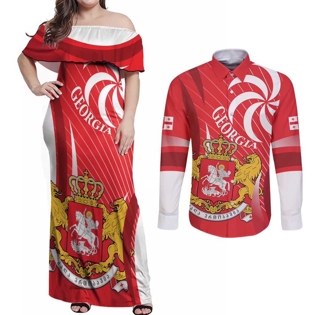Georgia Independence Day Couples Matching Off Shoulder Maxi Dress and Long Sleeve Button Shirt Borjgalo With Coat Of Arms