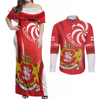Georgia Independence Day Couples Matching Off Shoulder Maxi Dress and Long Sleeve Button Shirt Borjgalo With Coat Of Arms