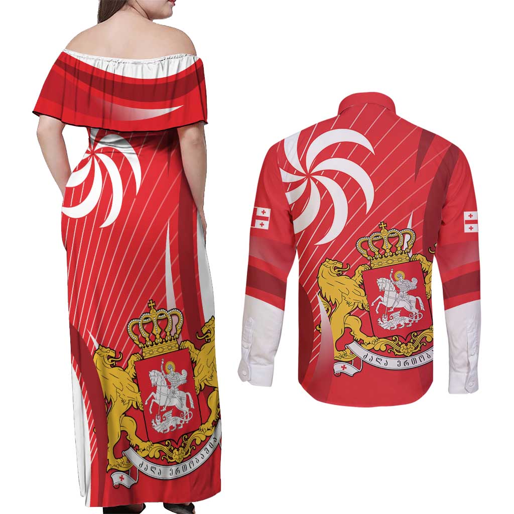 Georgia Independence Day Couples Matching Off Shoulder Maxi Dress and Long Sleeve Button Shirt Borjgalo With Coat Of Arms