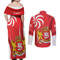 Georgia Independence Day Couples Matching Off Shoulder Maxi Dress and Long Sleeve Button Shirt Borjgalo With Coat Of Arms