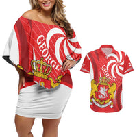 Georgia Independence Day Couples Matching Off Shoulder Short Dress and Hawaiian Shirt Borjgalo With Coat Of Arms