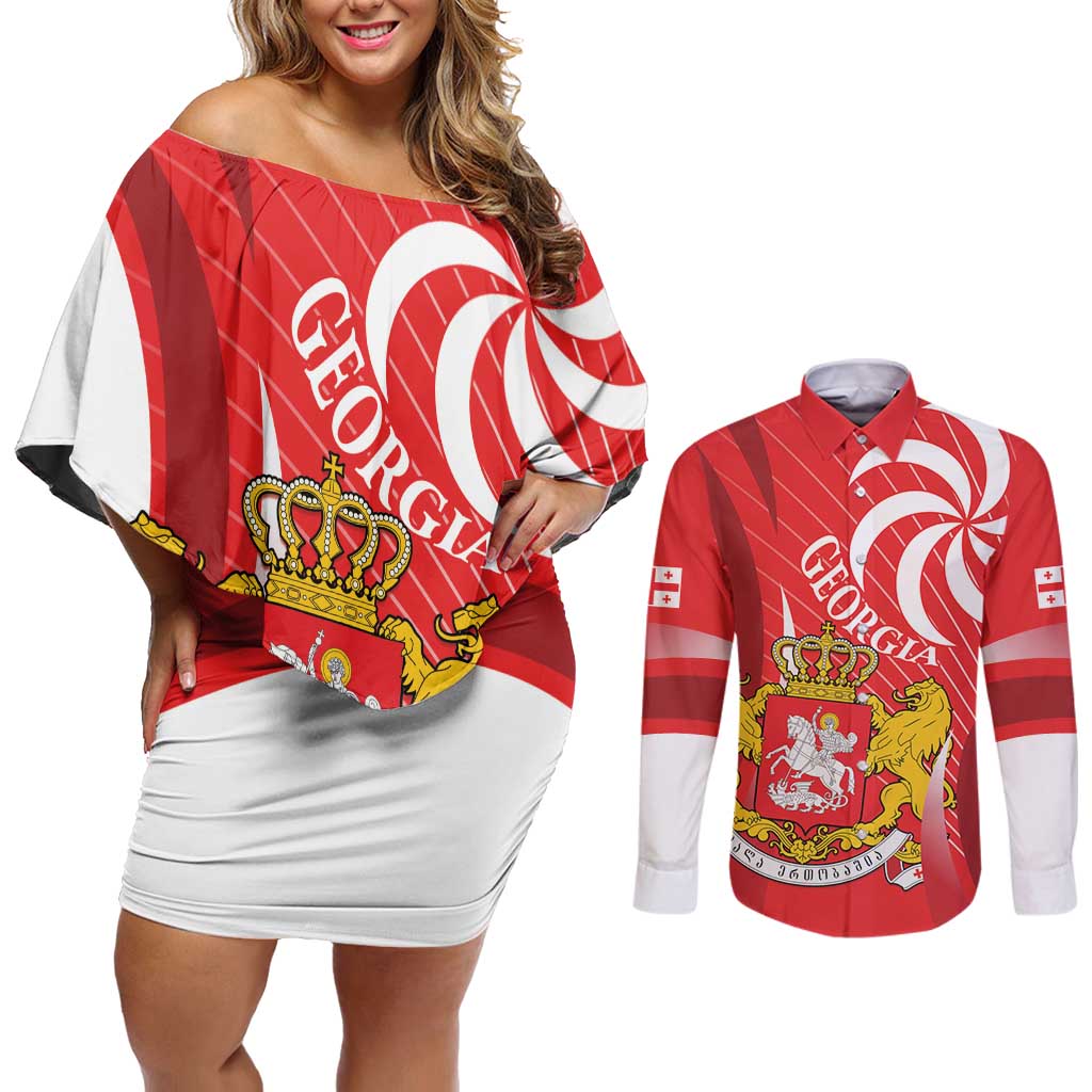 Georgia Independence Day Couples Matching Off Shoulder Short Dress and Long Sleeve Button Shirt Borjgalo With Coat Of Arms