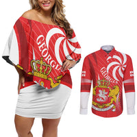 Georgia Independence Day Couples Matching Off Shoulder Short Dress and Long Sleeve Button Shirt Borjgalo With Coat Of Arms