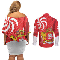 Georgia Independence Day Couples Matching Off Shoulder Short Dress and Long Sleeve Button Shirt Borjgalo With Coat Of Arms
