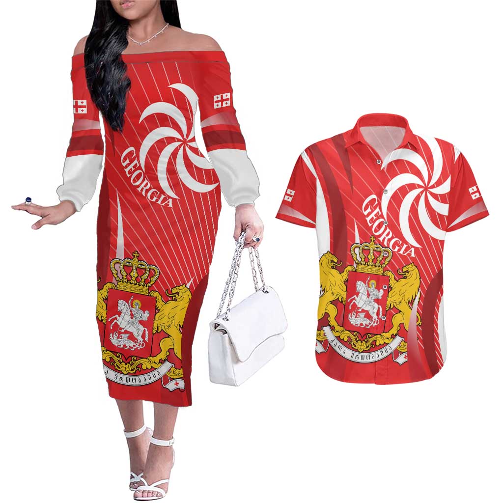 Georgia Independence Day Couples Matching Off The Shoulder Long Sleeve Dress and Hawaiian Shirt Borjgalo With Coat Of Arms