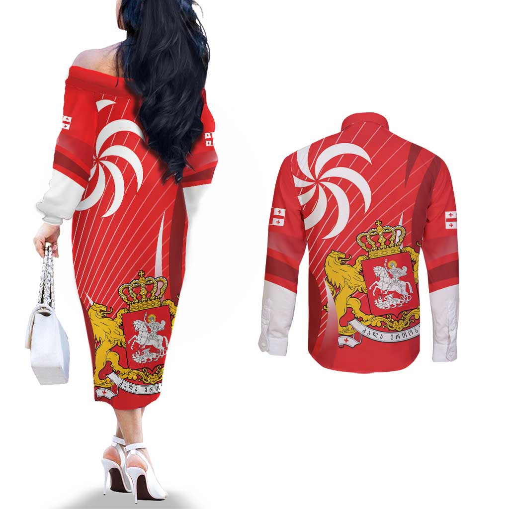 Georgia Independence Day Couples Matching Off The Shoulder Long Sleeve Dress and Long Sleeve Button Shirt Borjgalo With Coat Of Arms