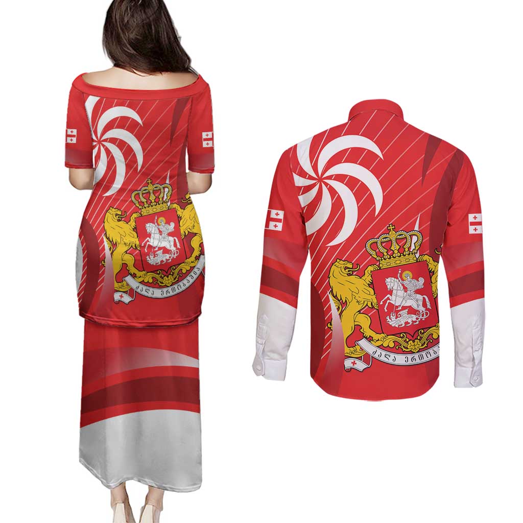Georgia Independence Day Couples Matching Puletasi and Long Sleeve Button Shirt Borjgalo With Coat Of Arms