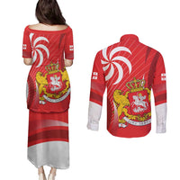 Georgia Independence Day Couples Matching Puletasi and Long Sleeve Button Shirt Borjgalo With Coat Of Arms