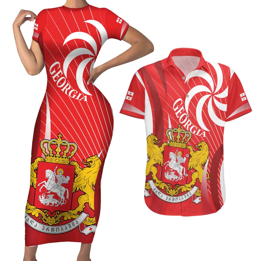 Georgia Independence Day Couples Matching Short Sleeve Bodycon Dress and Hawaiian Shirt Borjgalo With Coat Of Arms