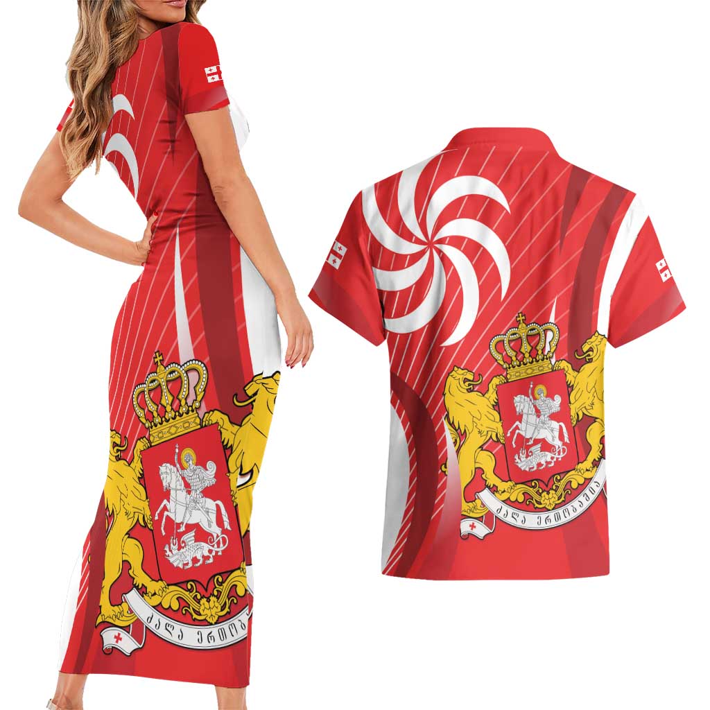 Georgia Independence Day Couples Matching Short Sleeve Bodycon Dress and Hawaiian Shirt Borjgalo With Coat Of Arms