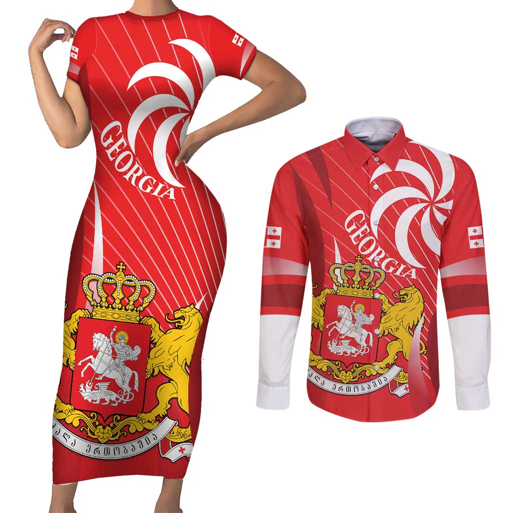 Georgia Independence Day Couples Matching Short Sleeve Bodycon Dress and Long Sleeve Button Shirt Borjgalo With Coat Of Arms