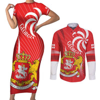 Georgia Independence Day Couples Matching Short Sleeve Bodycon Dress and Long Sleeve Button Shirt Borjgalo With Coat Of Arms