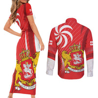 Georgia Independence Day Couples Matching Short Sleeve Bodycon Dress and Long Sleeve Button Shirt Borjgalo With Coat Of Arms
