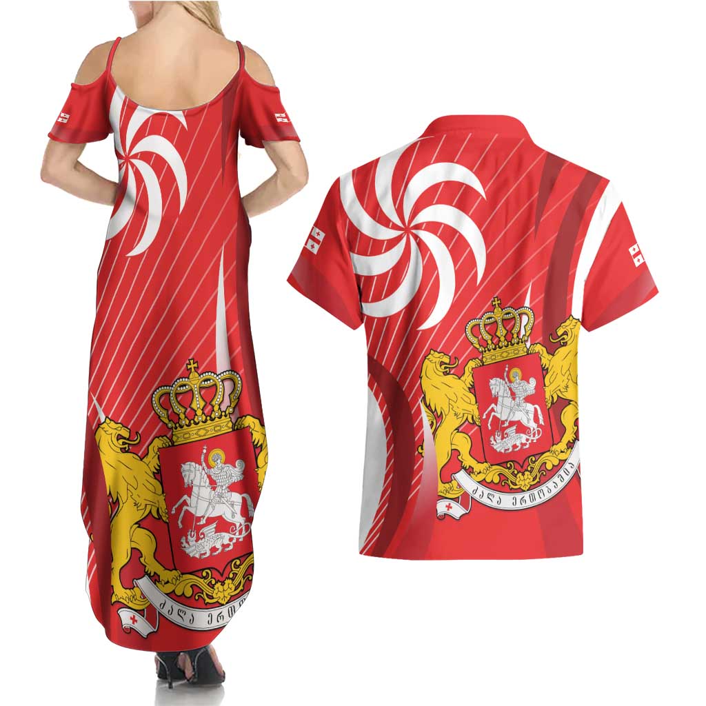 Georgia Independence Day Couples Matching Summer Maxi Dress and Hawaiian Shirt Borjgalo With Coat Of Arms