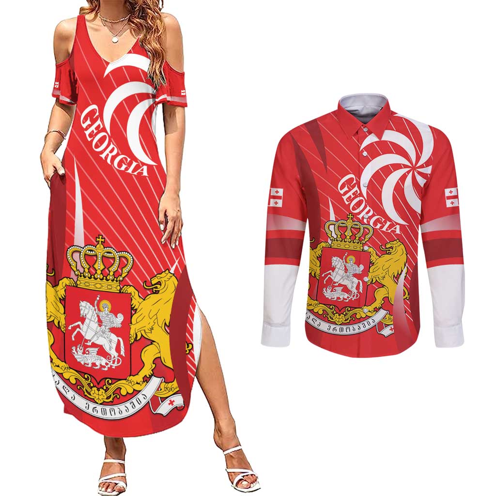 Georgia Independence Day Couples Matching Summer Maxi Dress and Long Sleeve Button Shirt Borjgalo With Coat Of Arms