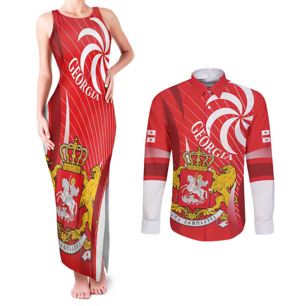 Georgia Independence Day Couples Matching Tank Maxi Dress and Long Sleeve Button Shirt Borjgalo With Coat Of Arms
