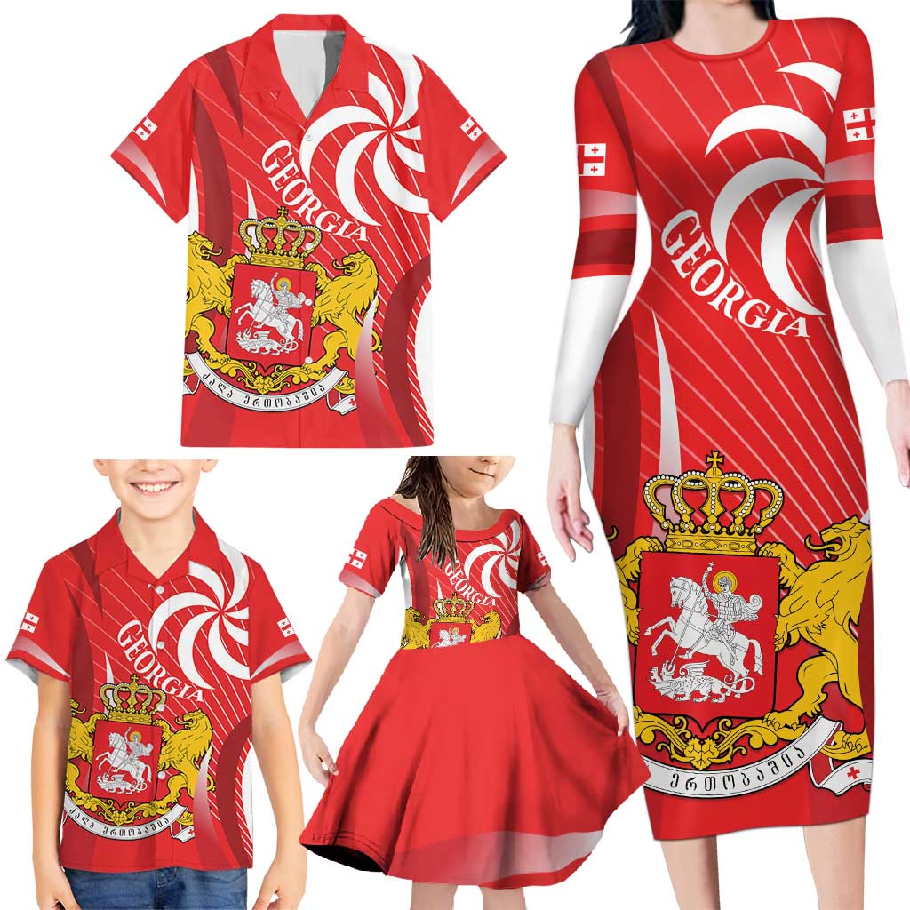 Georgia Independence Day Family Matching Long Sleeve Bodycon Dress and Hawaiian Shirt Borjgalo With Coat Of Arms