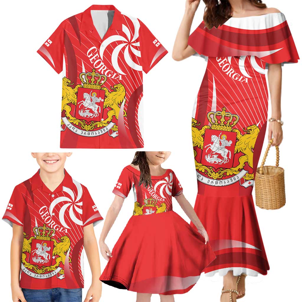Georgia Independence Day Family Matching Mermaid Dress and Hawaiian Shirt Borjgalo With Coat Of Arms