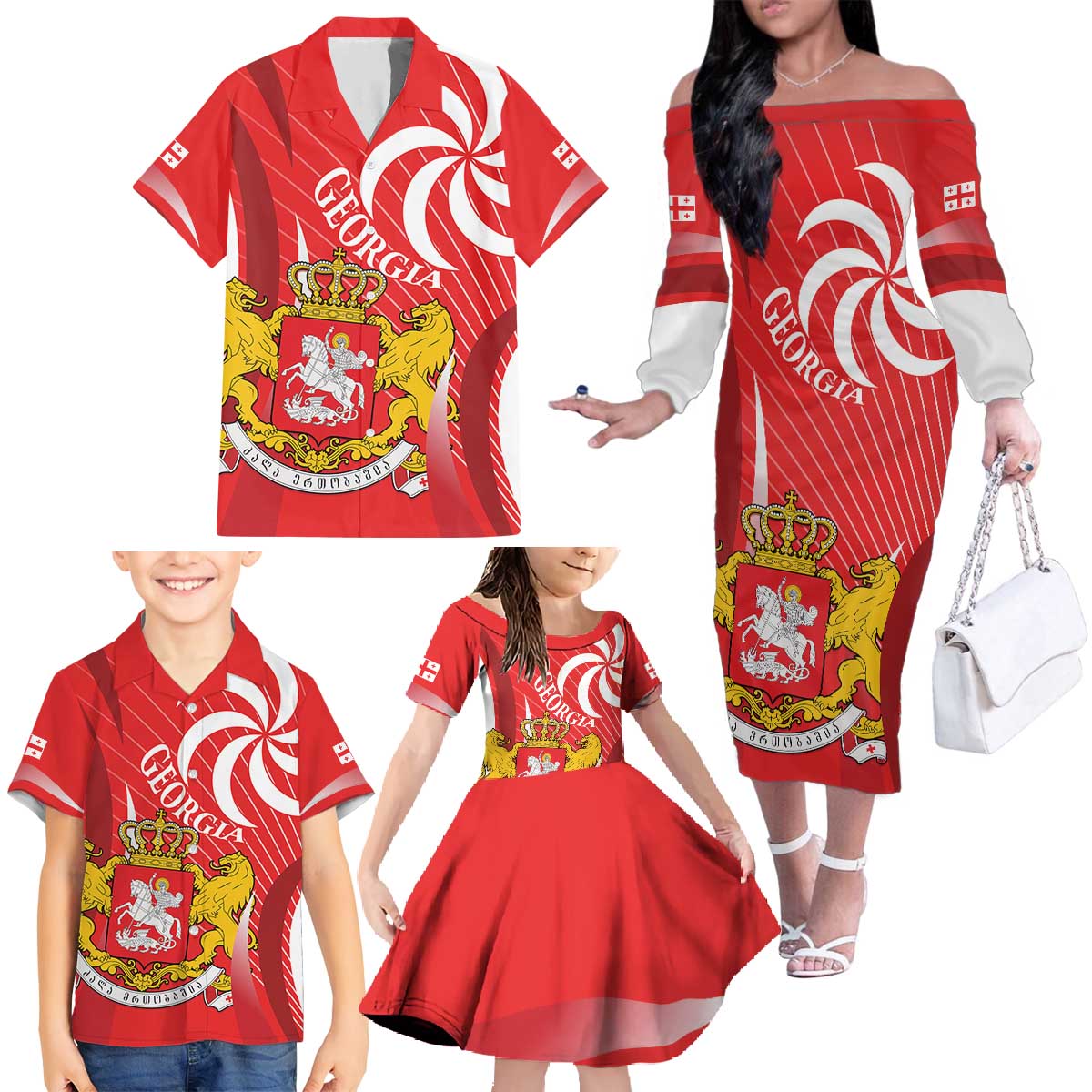 Georgia Independence Day Family Matching Off The Shoulder Long Sleeve Dress and Hawaiian Shirt Borjgalo With Coat Of Arms