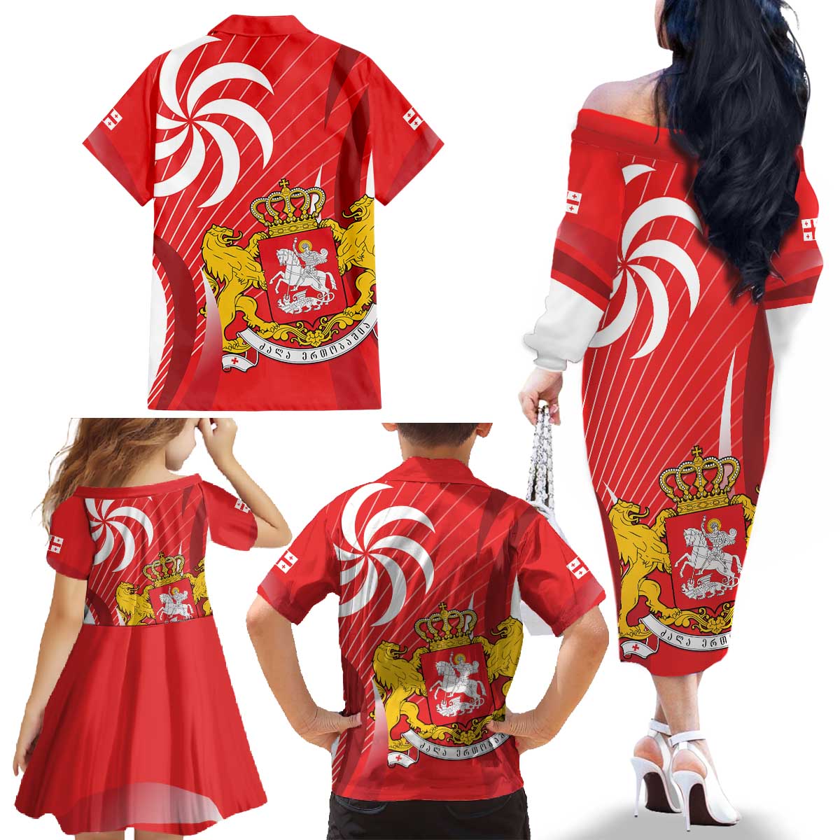 Georgia Independence Day Family Matching Off The Shoulder Long Sleeve Dress and Hawaiian Shirt Borjgalo With Coat Of Arms