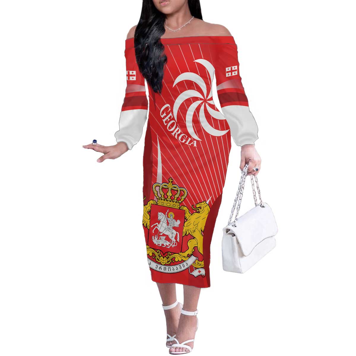 Georgia Independence Day Family Matching Off The Shoulder Long Sleeve Dress and Hawaiian Shirt Borjgalo With Coat Of Arms