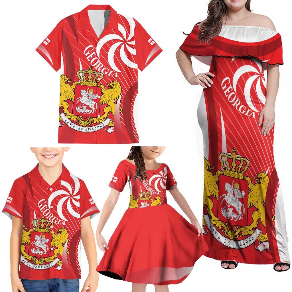 Georgia Independence Day Family Matching Off Shoulder Maxi Dress and Hawaiian Shirt Borjgalo With Coat Of Arms
