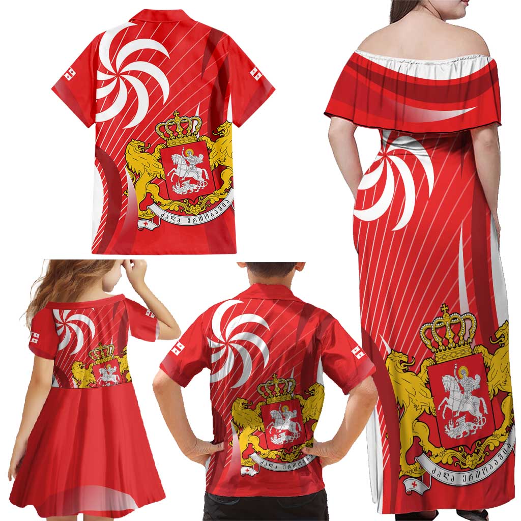 Georgia Independence Day Family Matching Off Shoulder Maxi Dress and Hawaiian Shirt Borjgalo With Coat Of Arms