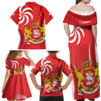 Georgia Independence Day Family Matching Off Shoulder Maxi Dress and Hawaiian Shirt Borjgalo With Coat Of Arms