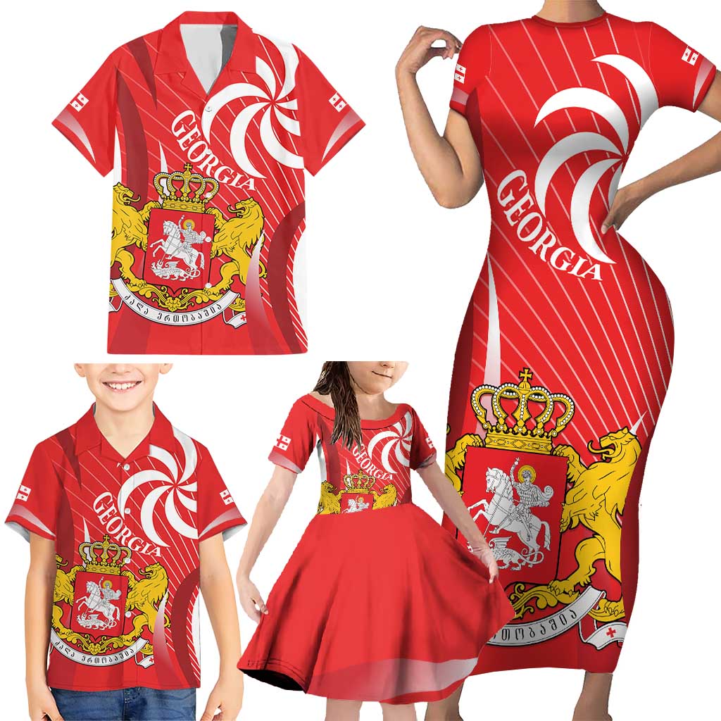 Georgia Independence Day Family Matching Short Sleeve Bodycon Dress and Hawaiian Shirt Borjgalo With Coat Of Arms