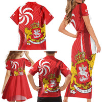 Georgia Independence Day Family Matching Short Sleeve Bodycon Dress and Hawaiian Shirt Borjgalo With Coat Of Arms
