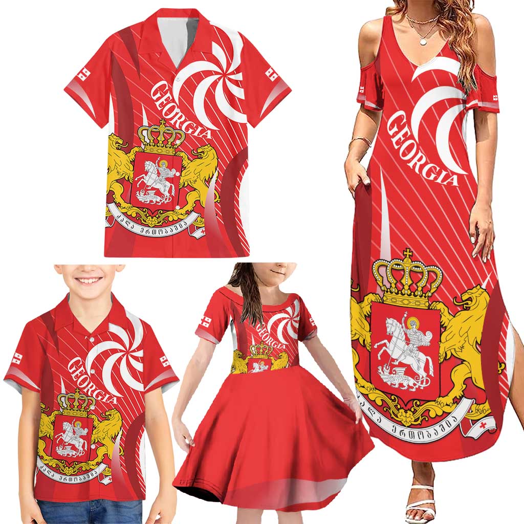 Georgia Independence Day Family Matching Summer Maxi Dress and Hawaiian Shirt Borjgalo With Coat Of Arms