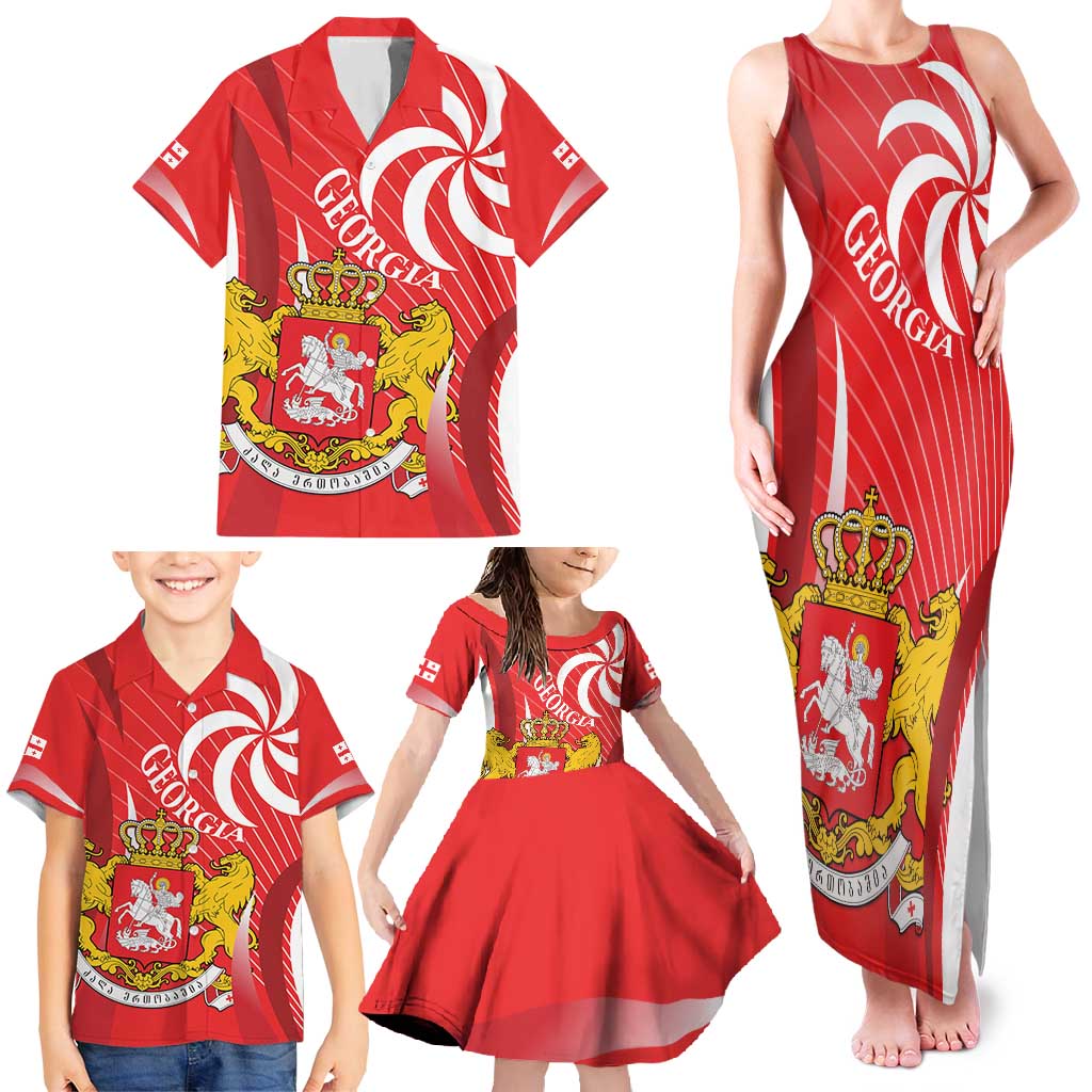 Georgia Independence Day Family Matching Tank Maxi Dress and Hawaiian Shirt Borjgalo With Coat Of Arms
